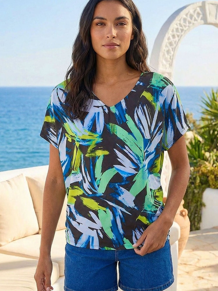 Roman Blue Abstract Print V-Neck Stretch Top - Image 1 of 4