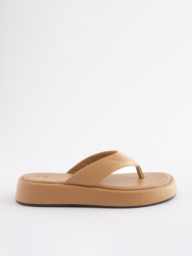 Camel Leather Platform Toe Thong Sandals - Image 1 of 4 Camel Leather Platform Toe Thong Sandals - Image 1 of 4
