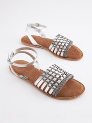Silver Regular/Wide Fit Forever Comfort® Leather Woven Flat Sandals - Image 2 of 6