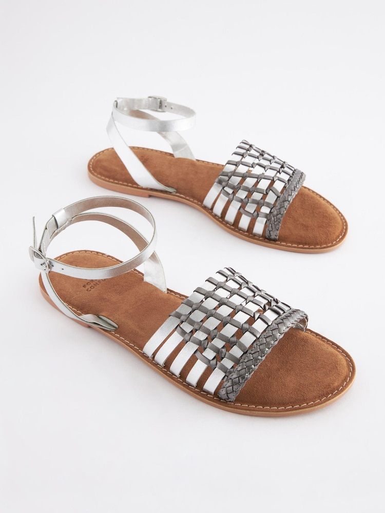 Silver Regular/Wide Fit Forever Comfort® Leather Woven Flat Sandals - Image 2 of 6