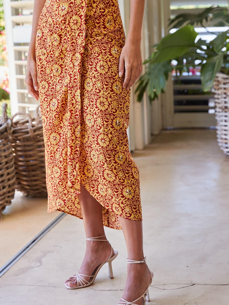 Rust Print Embelished Sparkle 100% Cotton Sarong Midi Skirt - Image 2 of 5