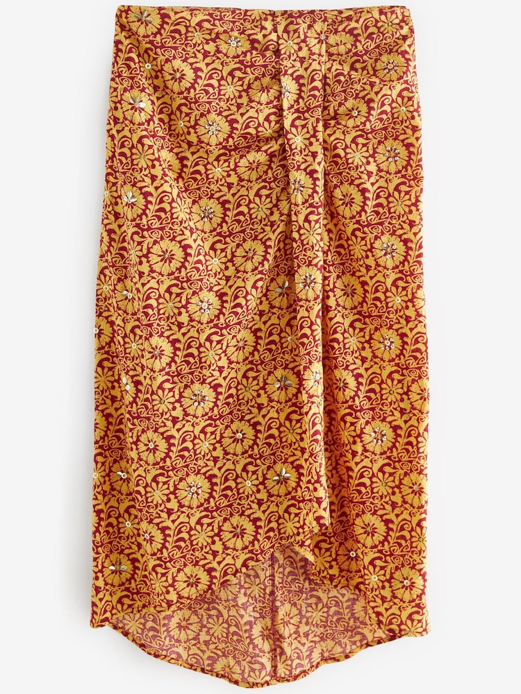 Rust Print Embelished Sparkle 100% Cotton Sarong Midi Skirt - Image 5 of 5 Rust Print Embelished Sparkle 100% Cotton Sarong Midi Skirt - Image 5 of 5