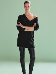 Black Cosy V-Neck Long Sleeve Longline Tunic Jumper - Image 2 of 6