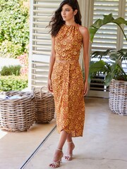 Rust Print Embelished Sparkle 100% Cotton Halter Sleeveless Top - Image 2 of 5