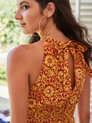 Rust Print Embelished Sparkle 100% Cotton Halter Sleeveless Top - Image 4 of 5