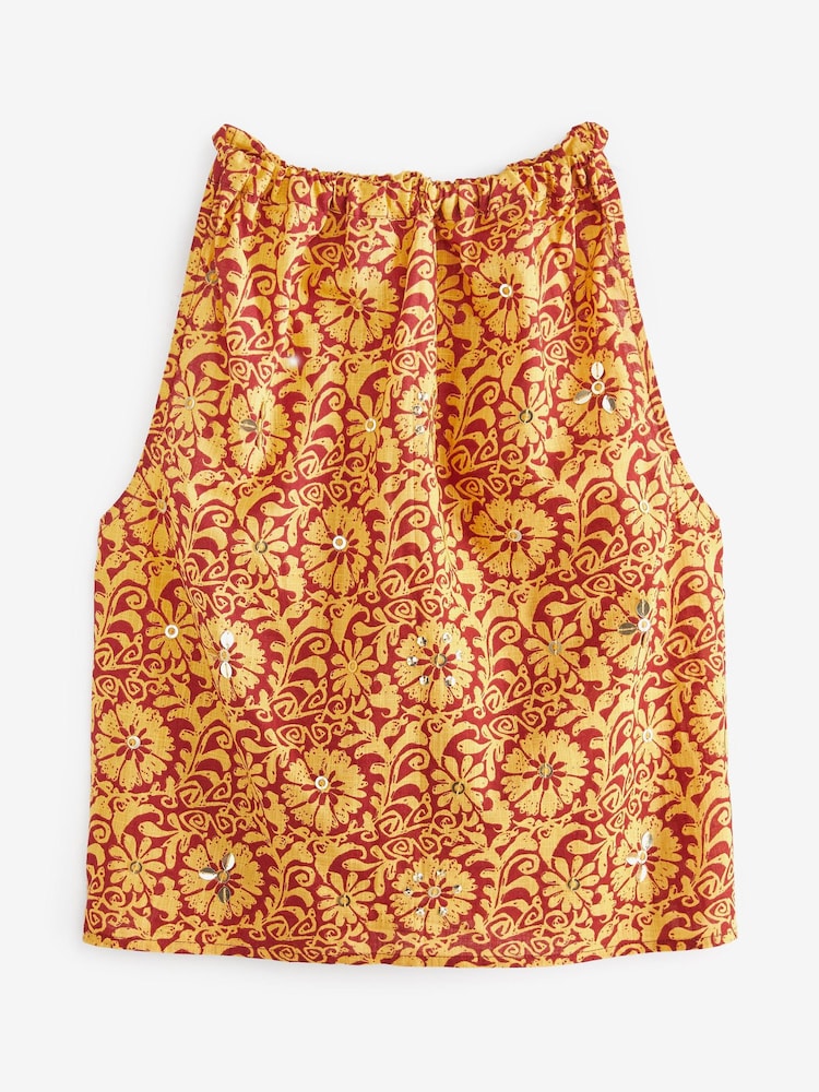 Rust Print Embelished Sparkle 100% Cotton Halter Sleeveless Top - Image 5 of 5