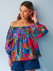 Blue Tropical Print Off The Shoulder Square Neck Long Sleeve Top - Image 1 of 5