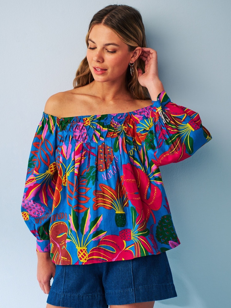 Blue Tropical Print Off The Shoulder Square Neck Long Sleeve Top - Image 1 of 5