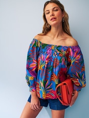 Blue Tropical Print Off The Shoulder Square Neck Long Sleeve Top - Image 2 of 5