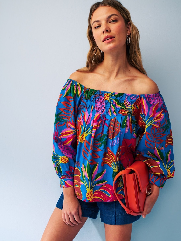 Blue Tropical Print Off The Shoulder Square Neck Long Sleeve Top - Image 2 of 5