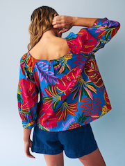 Blue Tropical Print Off The Shoulder Square Neck Long Sleeve Top - Image 3 of 5