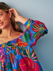 Blue Tropical Print Off The Shoulder Square Neck Long Sleeve Top - Image 4 of 5