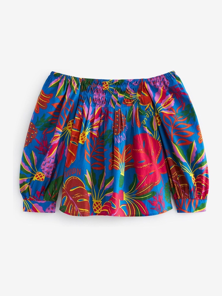 Tropischer Druck, Blau - Langärmeliges, schulterfreies Top mit eckigem Ausschnitt - Bild 5 von 5 Tropischer Druck, Blau - Langärmeliges, schulterfreies Top mit eckigem Ausschnitt - Bild 5 von 5
