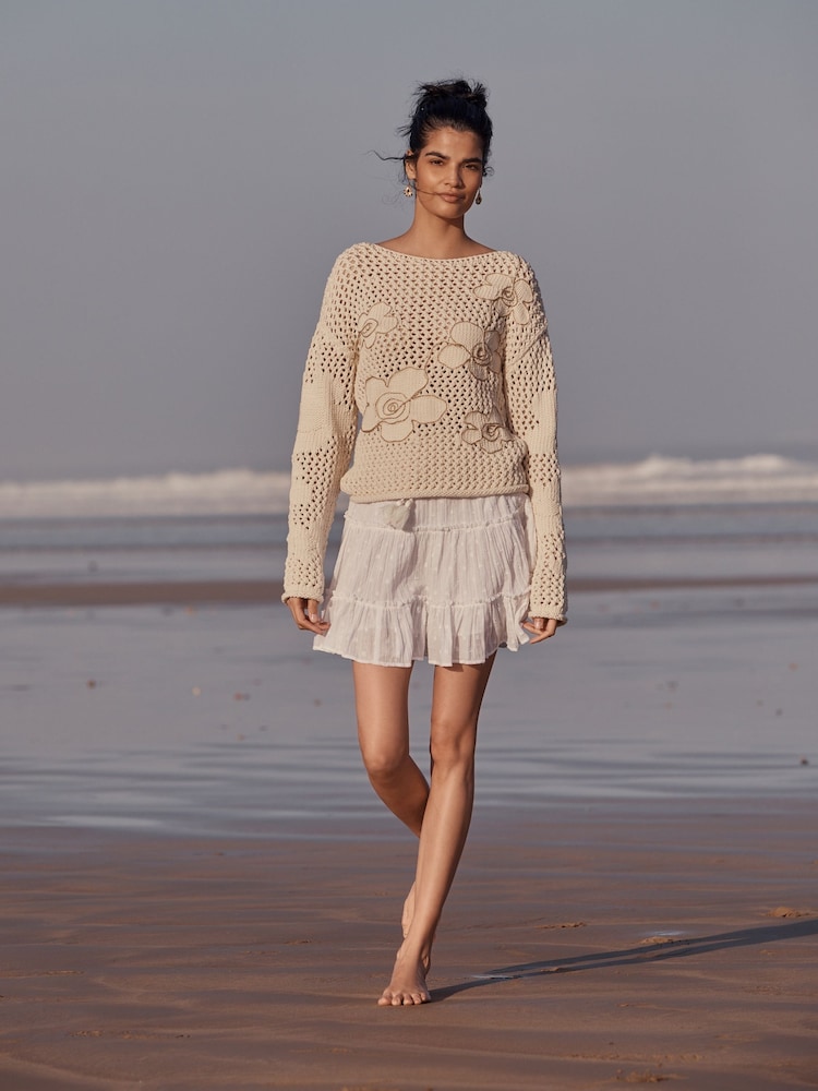 White Texture Cotton Tiered Mini Skirt - Image 2 of 5