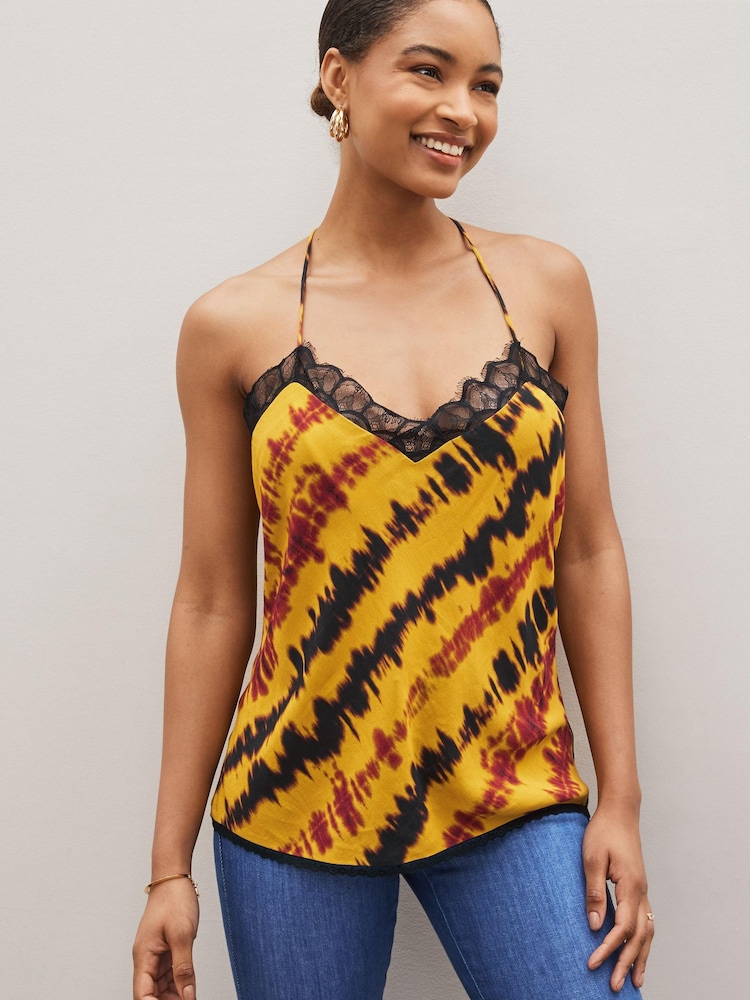 Ochre Yellow Tie Dye Lace Trim Cami Top - Image 1 of 4