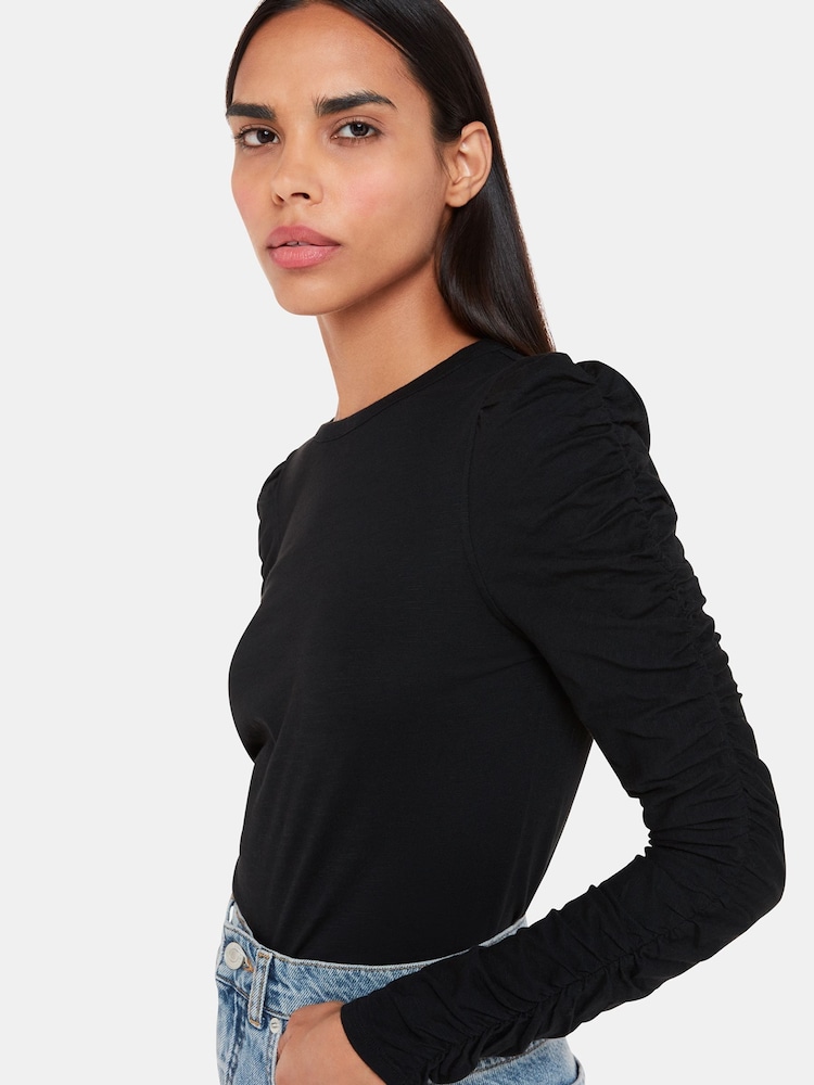 Whistles Black Ruched Sleeve T-Shirt - Image 1 of 4