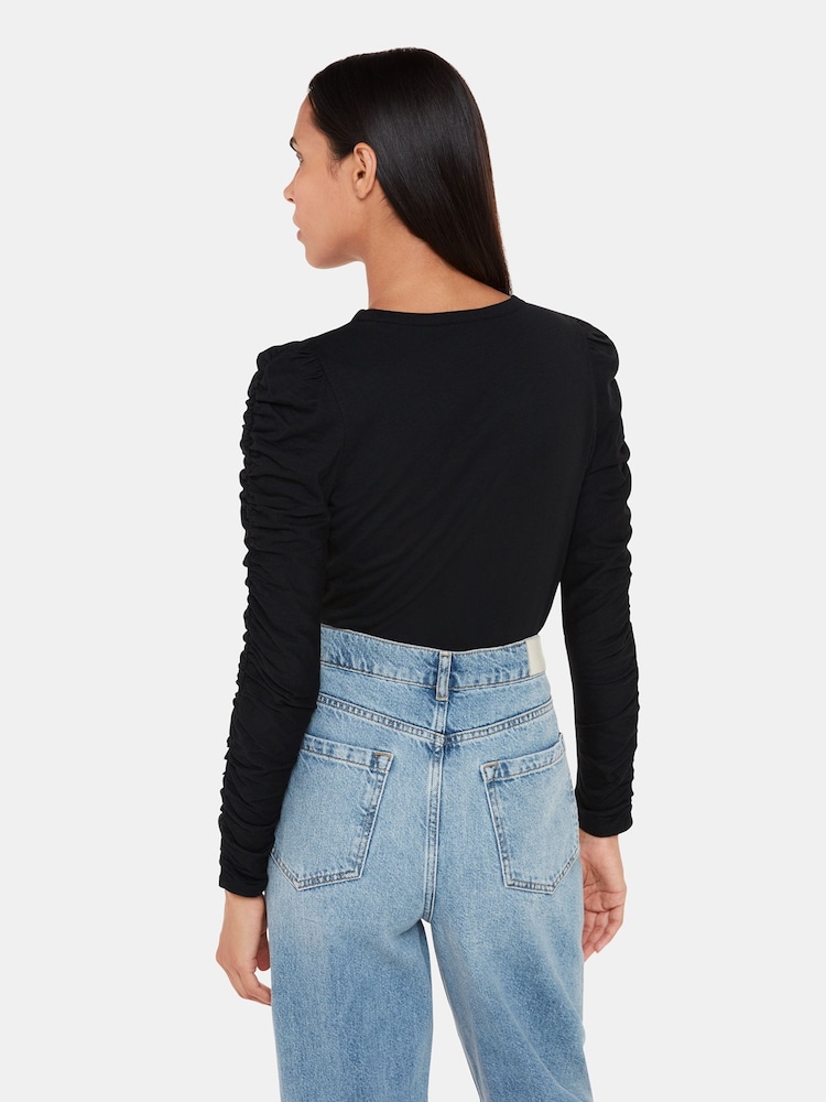Whistles Black Ruched Sleeve T-Shirt - Image 2 of 4