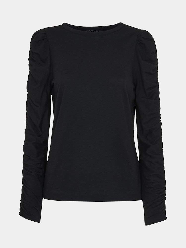 Whistles Black Ruched Sleeve T-Shirt - Image 4 of 4