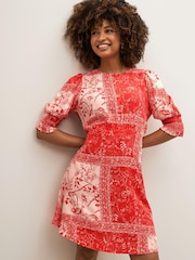 Red Floral Leaf Print Short Sleeve Mini Dress - Image 1 of 4