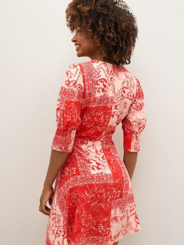 Red Floral Leaf Print Short Sleeve Mini Dress - Image 2 of 4