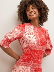 Red Floral Leaf Print Short Sleeve Mini Dress - Image 3 of 4