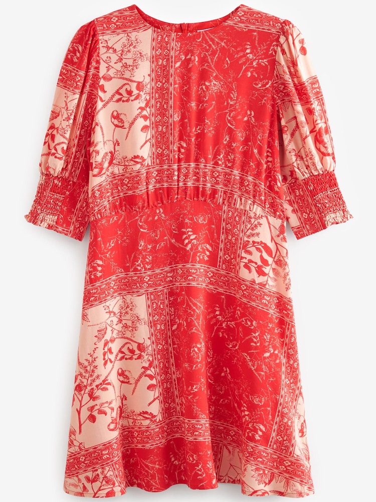 Red Floral Leaf Print Short Sleeve Mini Dress - Image 4 of 4