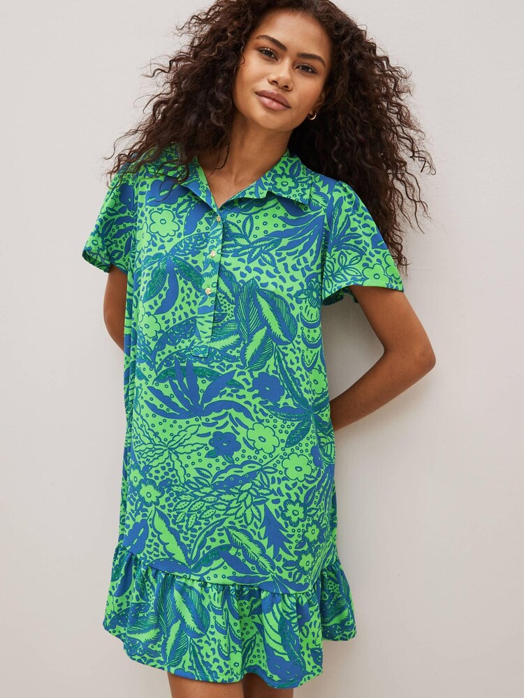 Celia Birtwell Green / Blue Floral Mini Short Sleeve Shirt Dress - Image 1 of 5 Celia Birtwell Green / Blue Floral Mini Short Sleeve Shirt Dress - Image 1 of 5