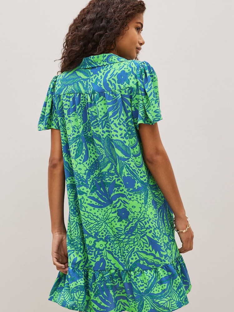 Celia Birtwell Green / Blue Floral Mini Short Sleeve Shirt Dress - Image 2 of 5