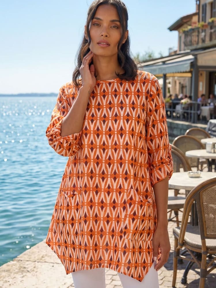 Roman Orange Geometric Pocket Detail Longline Cotton Top - Image 1 of 4 Roman Orange Geometric Pocket Detail Longline Cotton Top - Image 1 of 4