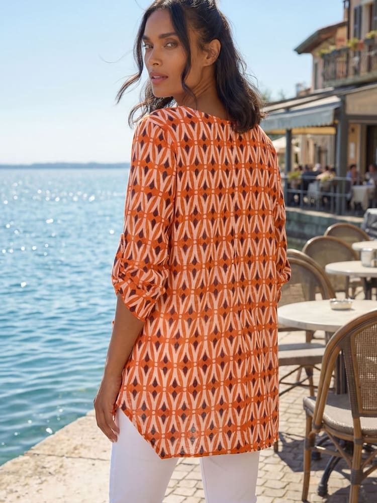 Roman Orange Geometric Pocket Detail Longline Cotton Top - Image 2 of 4 Roman Orange Geometric Pocket Detail Longline Cotton Top - Image 2 of 4