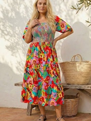 Roman Pink Curve Floral Shirred Midi Dress - Image 1 of 4
