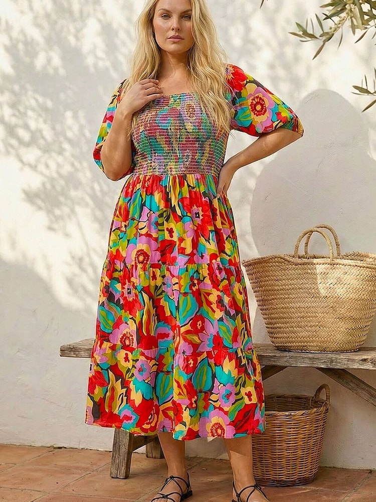Roman Pink Curve Floral Shirred Midi Dress - Image 1 of 4