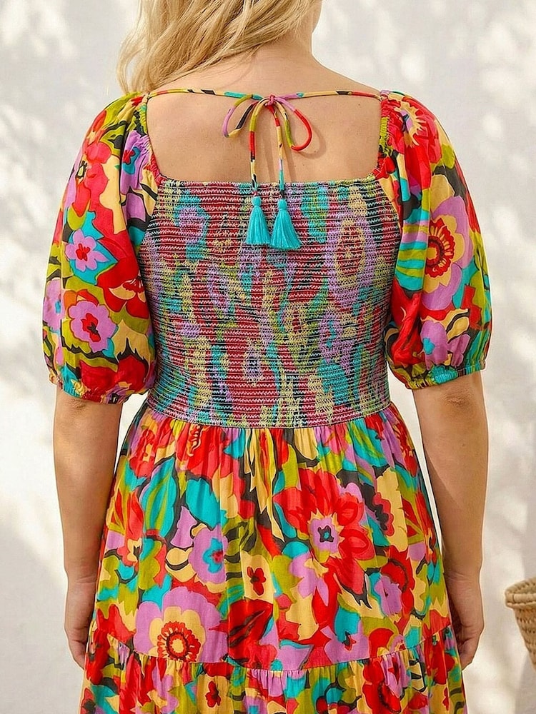 Roman Pink Curve Floral Shirred Midi Dress - Image 2 of 4