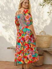 Roman Pink Curve Floral Shirred Midi Dress - Image 3 of 4