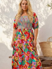 Roman Pink Curve Floral Shirred Midi Dress - Image 4 of 4