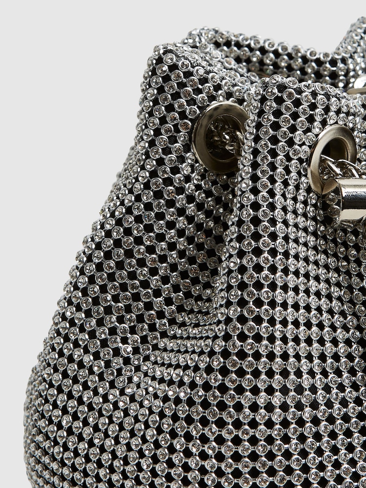 Reiss Silver Demi Crystal Mini Bucket Bag - Image 6 of 6
