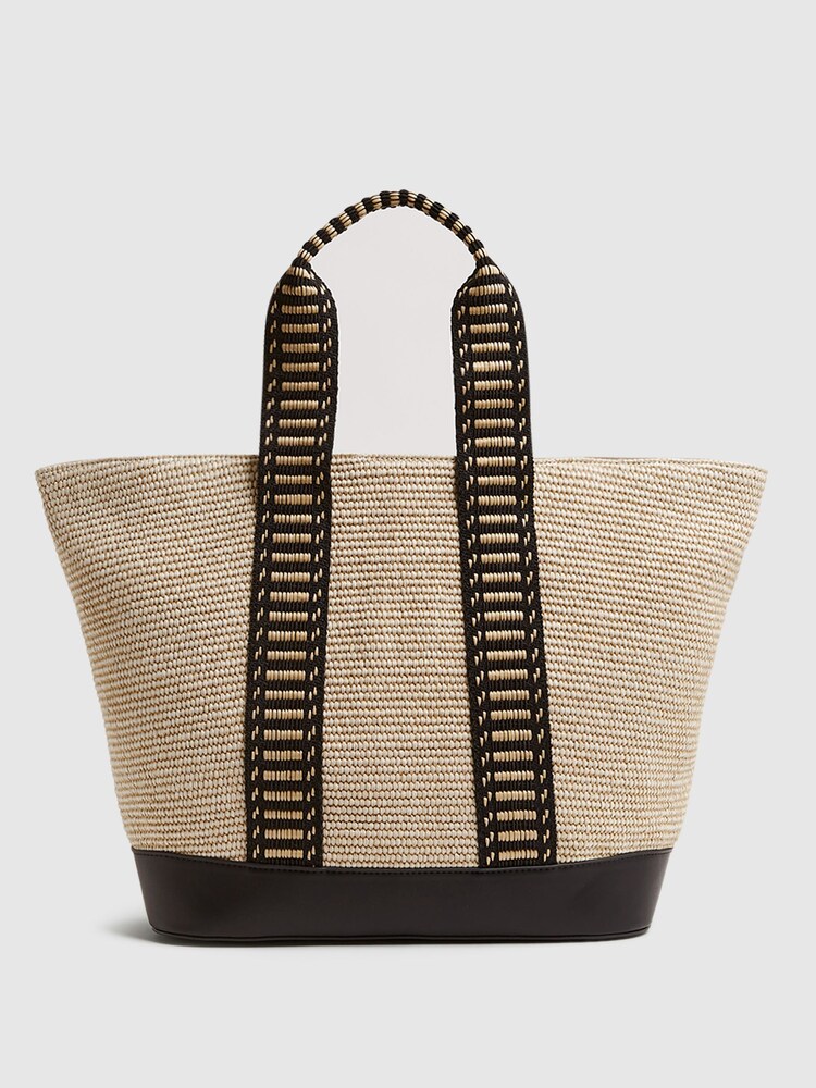 Reiss Natural/Black Daniela Raffia And Webbing Tote Bag - Image 1 of 5 Reiss Natural/Black Daniela Raffia And Webbing Tote Bag - Image 1 of 5
