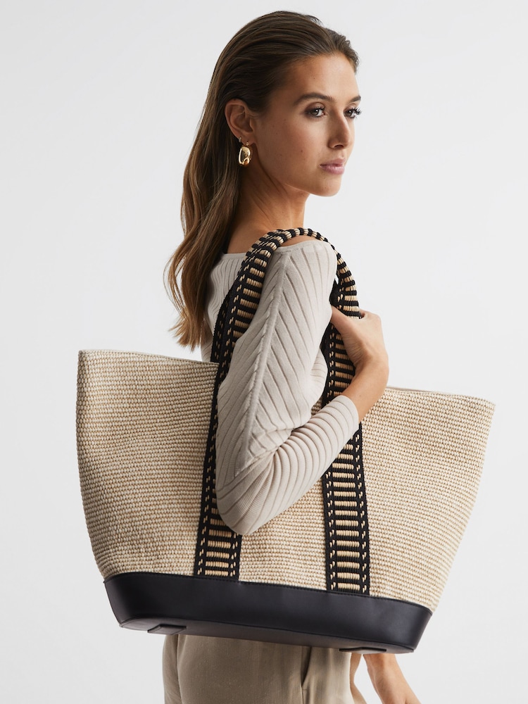 Reiss Natural/Black Daniela Raffia And Webbing Tote Bag - Image 2 of 5