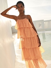 Hellpink, Geo, Goldfolie - Festliche, gestuftes Midi-Trägerkleid - Bild 1 von 5
