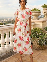 Roman White Chiffon Floral Split Sleeve Midi Dress - Image 1 of 4