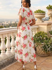 Roman White Chiffon Floral Split Sleeve Midi Dress - Image 3 of 4