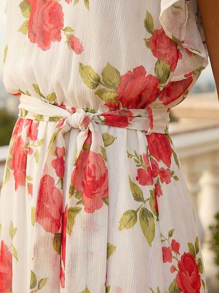 Roman White Chiffon Floral Split Sleeve Midi Dress - Image 3 of 3 Roman White Chiffon Floral Split Sleeve Midi Dress - Image 3 of 3