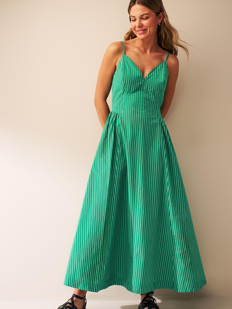Green/Red Stripe Strappy Waisted 100% Cotton Midi Dress - Image 1 of 4