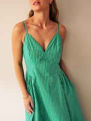 Green/Red Stripe Strappy Waisted 100% Cotton Midi Dress - Image 3 of 4