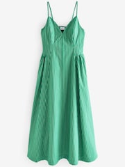 Green/Red Stripe Strappy Waisted 100% Cotton Midi Dress - Image 4 of 4