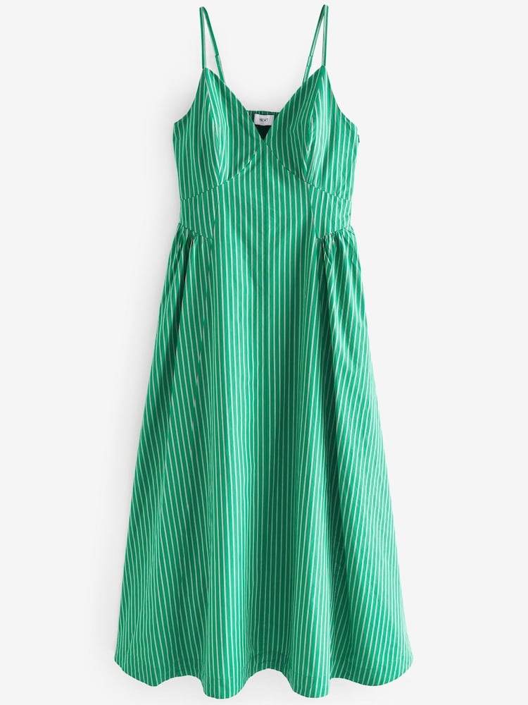 Green/Red Stripe Strappy Waisted 100% Cotton Midi Dress - Image 4 of 4