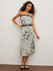 Ecru Floral Placement Print Sparkle Bandeau Boobtube Midi Dress - Image 1 of 5