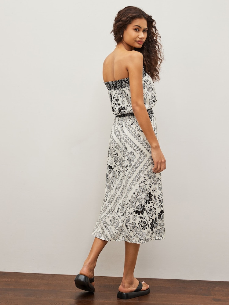 Ecru Floral Placement Print Sparkle Bandeau Boobtube Midi Dress - Image 2 of 5
