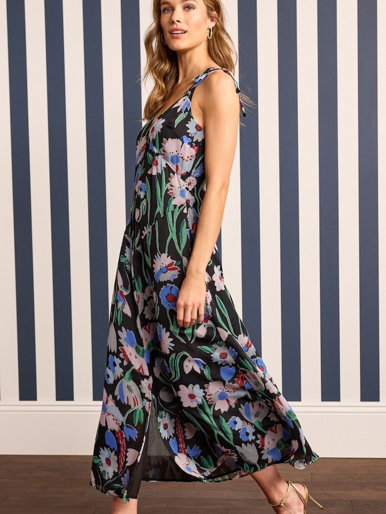 Black Ground Floral X Celia Birtwell Tie Sleeve Cami Midi Dress - Image 1 of 5