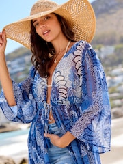 Blue Large Scale Floral Tie Waist Maxi Dress Cover-Up - Image 2 of 4